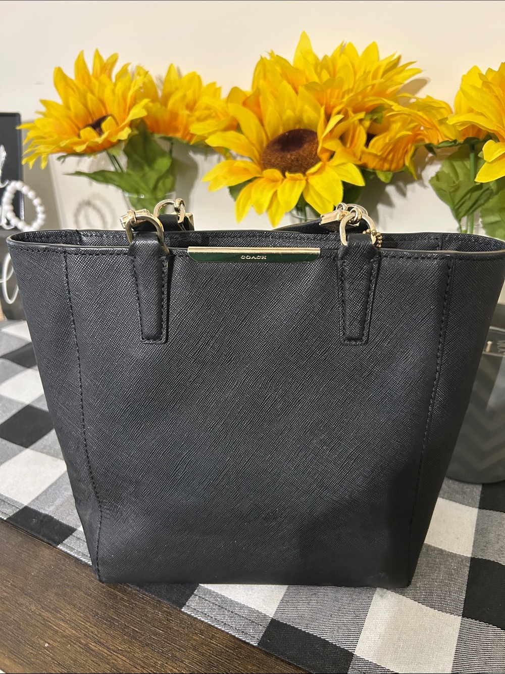 Coach Black Leather Small Tote with Gold Accents